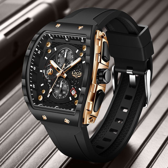LIGE Chronograph Armbanduhr, Eckig, Quarz, Silikon, Schwarz, Herren - Bild 1