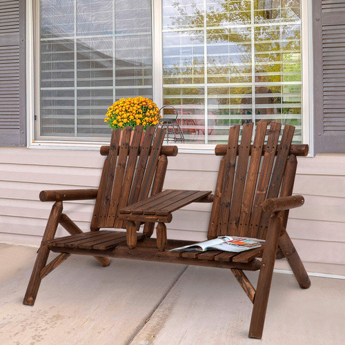 Outsunny Gartenbank für 2 Personen aus Massivholz mit Zwischentisch im Landhausstil, braun, B/H/T: 156 x 95 x 83 cm - Bild 3