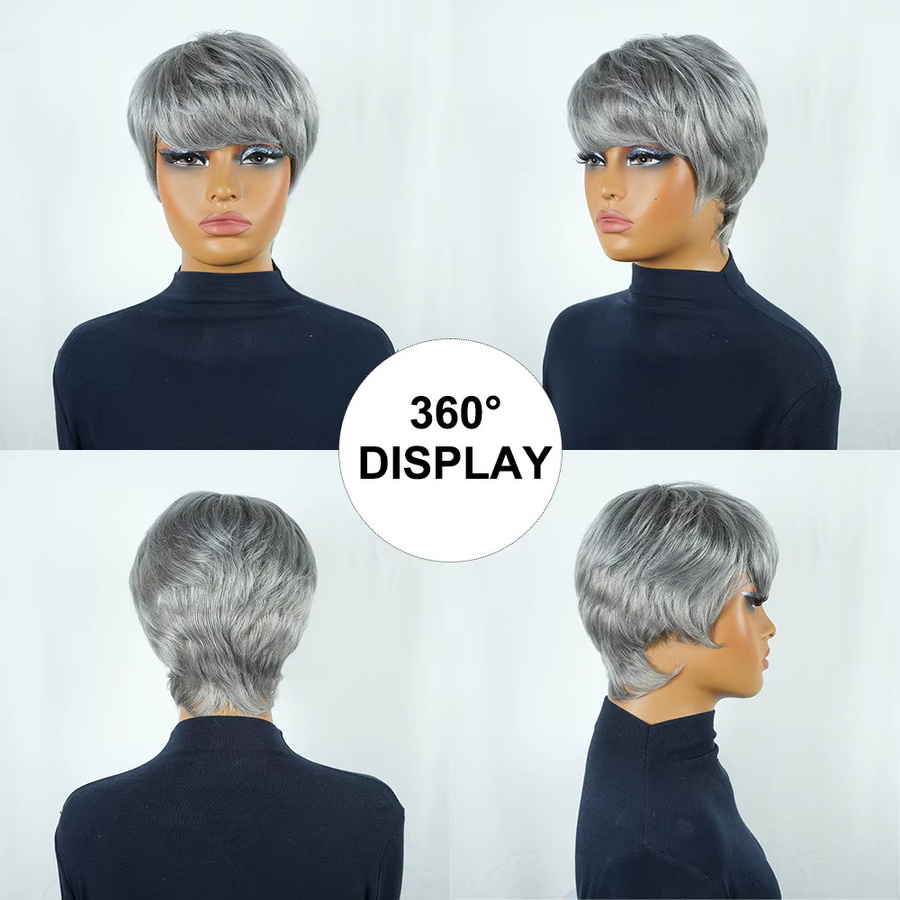 OYM HAIR Pixie-Schnitt-Perücke, silbergrau, 100 % Echthaar mit Pony, Damen - Bild 3