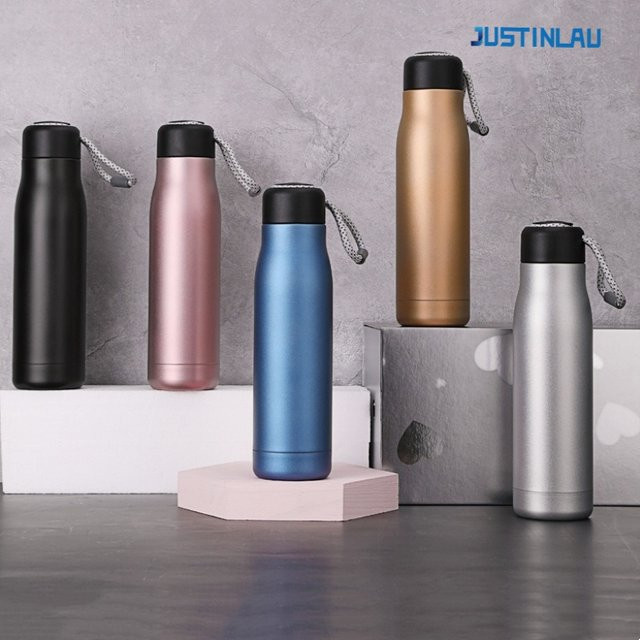JUSTINLAU Thermosbecher Vakuumflaschen aus Edelstahl mit Seil für Outdoor-Reisen, 400 ml und 550 ml, Silber und Schwarz - Bild 1