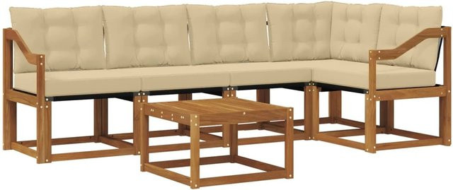 vidaXL Outdoor-Sofagarnitur 6-teilig aus Akazienholz und Textilene in Natur-Beige mit Kissen und Armlehnen - Bild 1