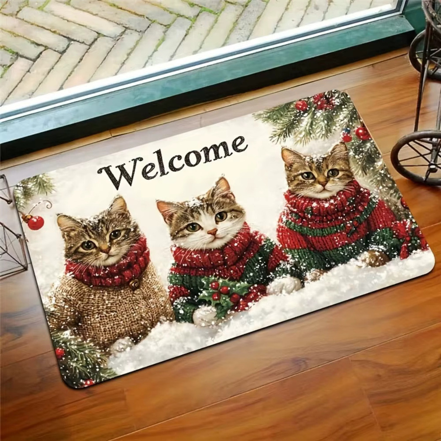 VIKAMA Druckteppich mit drei Katzen für Weihnachten, rutschfest und schmutzabweisend, Bodenmatte für Wohnzimmer und Veranda - Bild 3