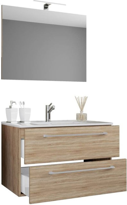 VCM Badinos 3-tlg. Waschplatz Set mit Waschtisch, Unterschrank und Spiegel in Eiche, B/H/T: 80 x 67 x 46 cm - Bild 2