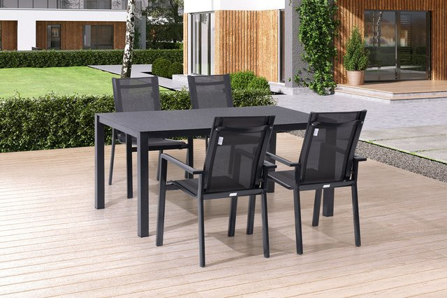 OUTFLEXX Garten-Essgruppe in Anthrazit mit Tisch und 4 Stapelsesseln aus Alu, Spraystone und Textil, B: 160 cm, T: 95 cm, H: 75 cm - Bild 1