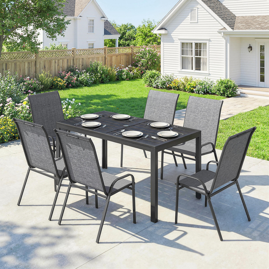 Outsunny 7-teiliges Garten-Set mit Metalltisch in Holzoptik und 6 stapelbaren Stühlen aus Stahl, Grau - Bild 2