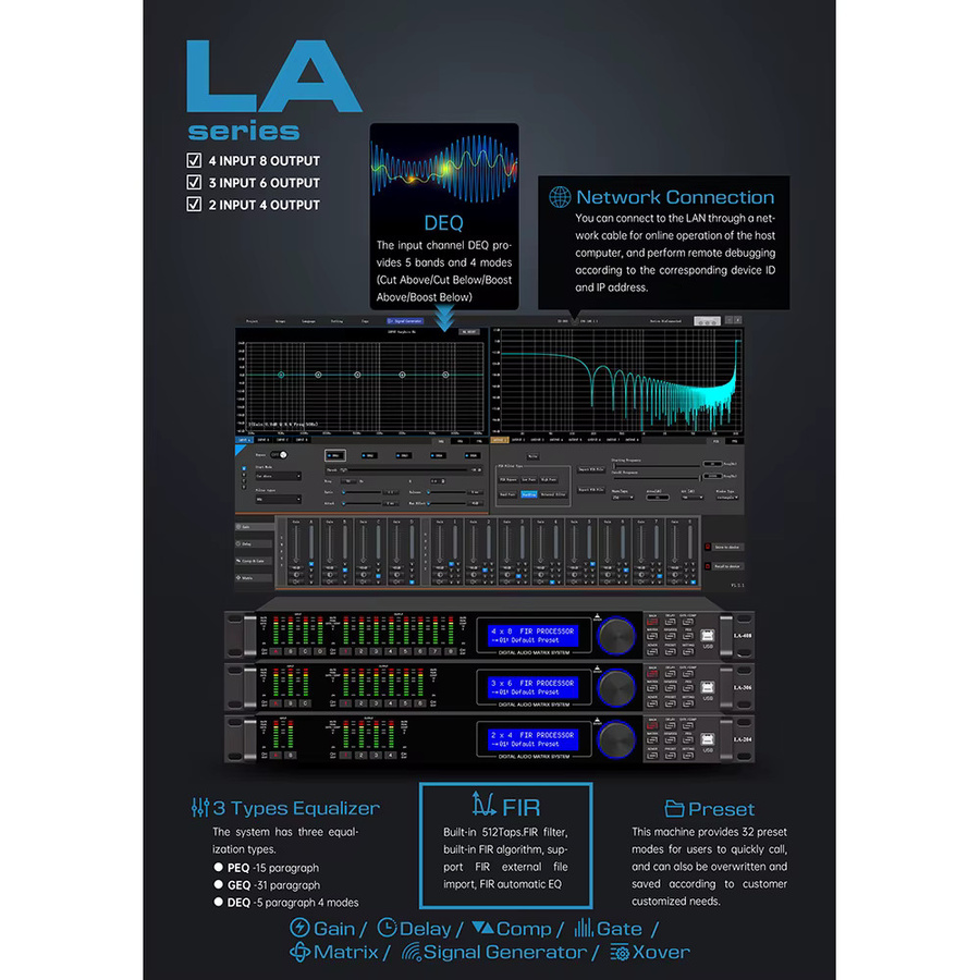 PAULKITSON LA408 4-In 8-Out FIR Audio-Prozessor in Schwarz mit Gain Delay Comp Gate Matrix Xover für Bühnen-Live-Shows und KTV-Soundsysteme - Bild 3