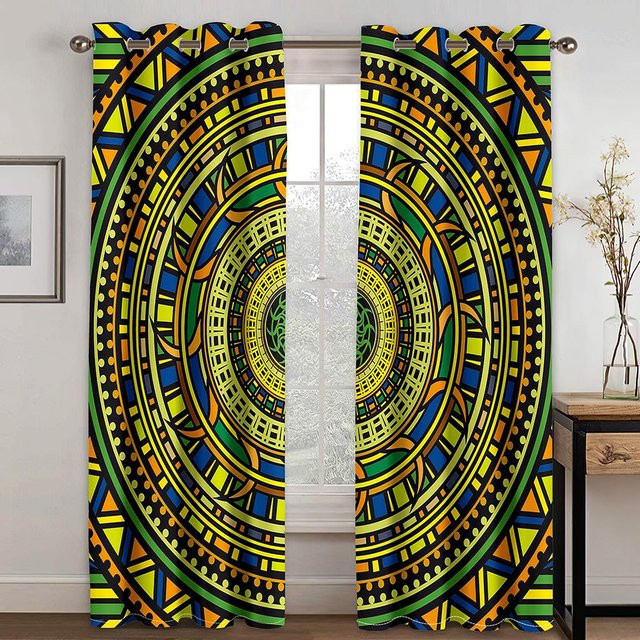 Yiran Furniture Boho-Bohemian Fenstervorhang mit Grafikmuster, 2er-Set, halbtransparent, Mehrfarbig, B: 50 cm, H: 130 cm - Bild 1