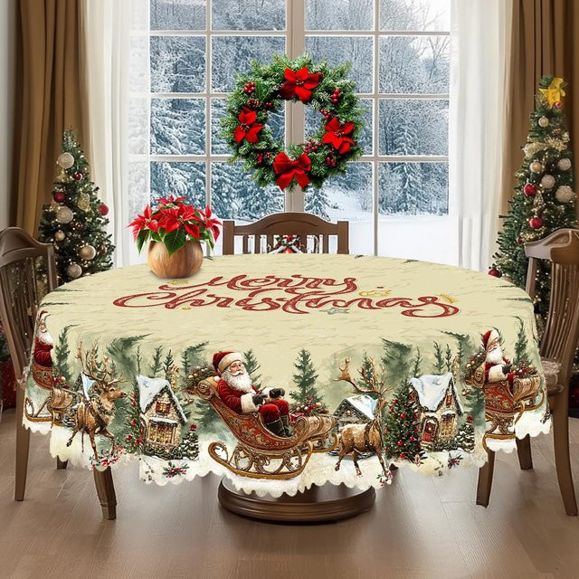 JINGYUE Pet Weihnachts-Tischdecke im Vintage-Bauernhaus-Stil mit Weihnachtsmann, Rentier und Weihnachtsbaum-Aufdruck, beige, B: 140 cm, T: 180 cm - Bild 1