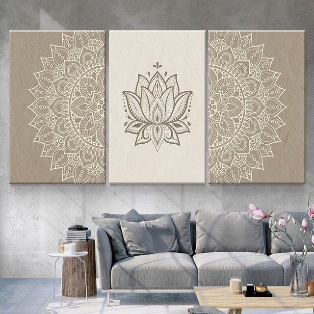 Potdemiel Leinwandmalerei Beige Boho Mandala Lotus Abstrakte Blumen Wandkunst für deine Yoga Home Dekoration - Bild 1