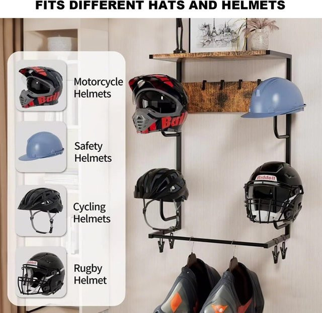HiMISS Motorradhelm-Halterung Wandmontierter Helmständer in Schwarz mit 4 Clips und 4 Haken zur Aufbewahrung von Motorradzubehör - Bild 1