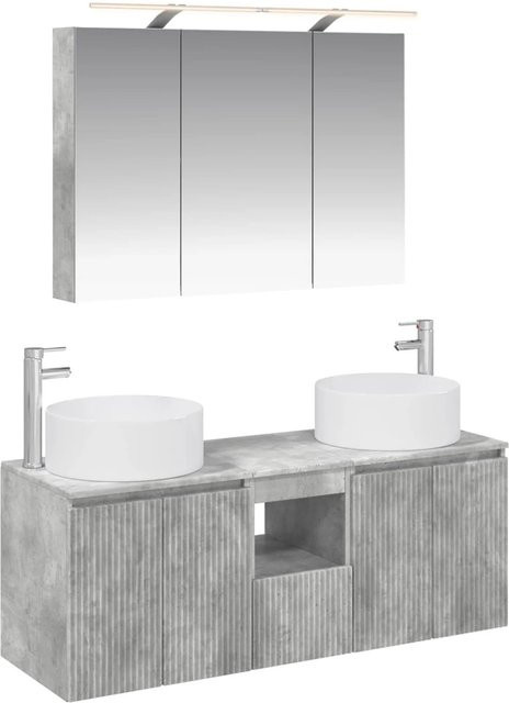 vidaXL Badezimmerschrank-Set 4-teilig in Betongrau mit LED-Beleuchtung und Spiegelschrank, B/T/H: 100 x 14,5 x 70 cm - Bild 1