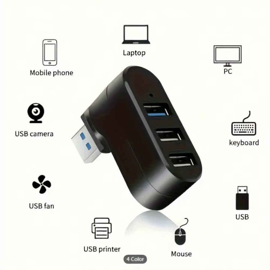 USB 2.0 Mini Hub 3-Port Splitter Adapter für Laptop und PC, Schwarz - Bild 3