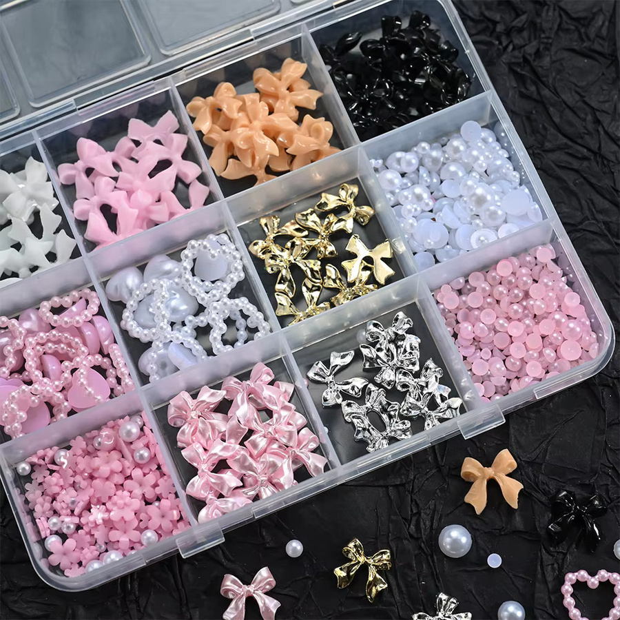 MAFANAILS Nagelkunst-Set, 12-teilig, Rosa-Weiße Schleifen, Herzen, 3D Acryl-Blumen, Perlen, Strass - Bild 3