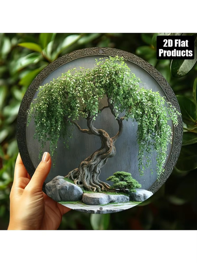 Potdemiel Aluminium-Wandkunst Rund mit Bonsai-Baum, Felsen und Moos in Grün - Bild 7
