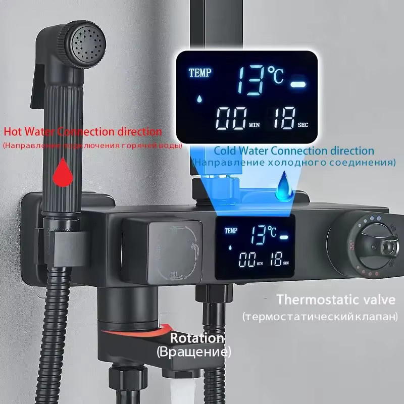 Wanmivezlo Thermostatisches Duschsystem in Matt Schwarz mit LED-Digitalanzeige, Quadratischem Regenduschkopf, Handbrause und Bidet-Sprühgerät, Wandmontiertes Duscharmaturen-Set mit Ablage - Bild 3