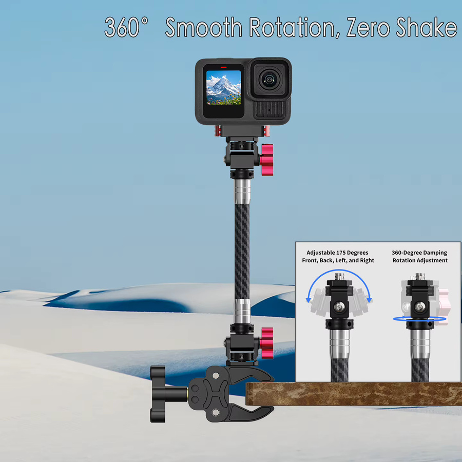 FEICHAO Action-Kamera-Verlängerungsstange aus Edelstahl und Kohlefaser in Schwarz, 360 Grad drehbar mit 1/4 ARRI Anschluss für GoPro, DJI Osmo und Insta360 - Bild 3
