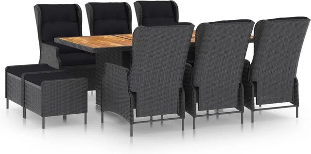 vidaXL 9-teilige Garten-Essgruppe aus Poly Rattan und massivem Akazienholz in Dunkelgrau mit Auflagen - Bild 1