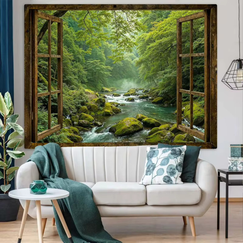 VIKAMA Wandteppich mit Naturmotiv Fensterblick auf grünen Wald in Grün - Bild 2