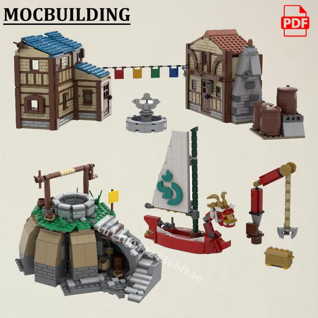 MOCBUILDING Castle Town Mittelalterliches Gebäude Set mit Löwen, Boot und Brunnen im The Legend of Zelda Design, Mehrfarbig - Bild 1