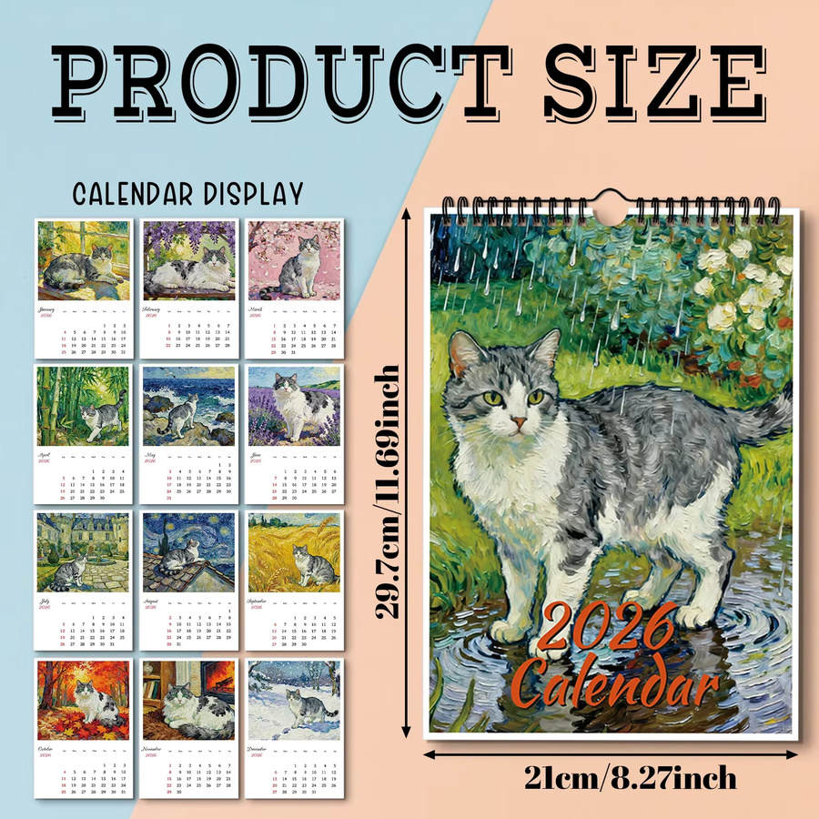 A4 Wandkalender 2026 mit Katzenölgemälde-Design, Mehrfarbig - Bild 2
