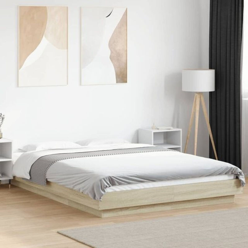 Vidaxl Bettgestell mit LED in Sonoma-Eiche, Braun, Holzwerkstoff, B/T/H: 140 x 200 cm - Bild 1
