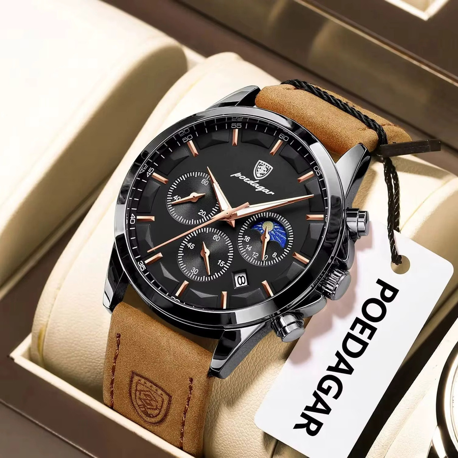 POEDAGAR Armbanduhr Chronograph, Quarz, Leder, Herren, Schwarz - Bild 2