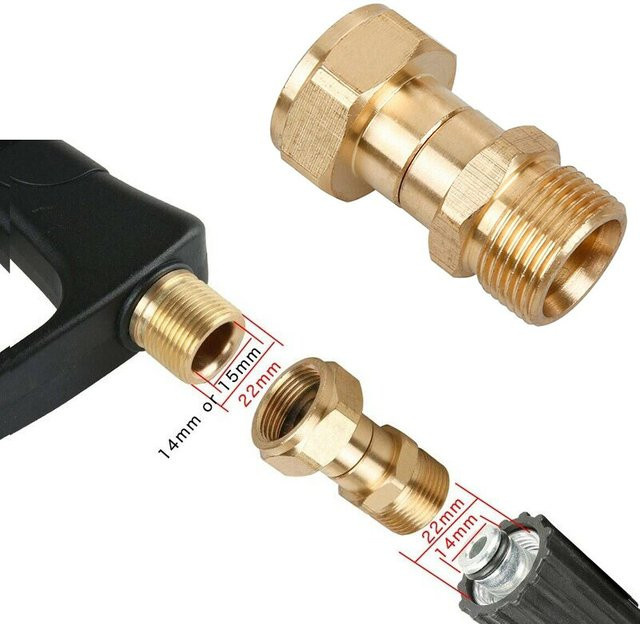 LEENKEA Messing Hochdruckreiniger Schwenkgelenk-Anschluss mit M22 14mm Gewinde und 360 Grad Rotation in Gold - Bild 1