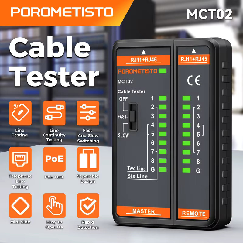 POROMETISTO MCT02 Kabeltester mit LED-Anzeige für RJ11 und RJ45, Dual-Use Netzwerkkabeltester für POE-Tests und Leitungskontinuität, Schwarz - Bild 2