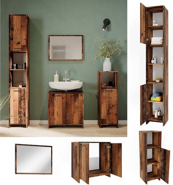 Vicco Badmöbelset Kiko Old Style in Eiche Rustikal, 4-teiliges Badezimmer-Set in Braun - Bild 1