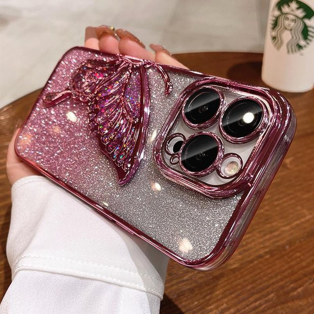Yiran Bag Luxus Glitzer Schmetterling Handyhülle mit Kameraschutz und Stoßfestigkeit für iPhone 11 12 13 14 15 16 Pro Max, Transparent Schwarz - Bild 1