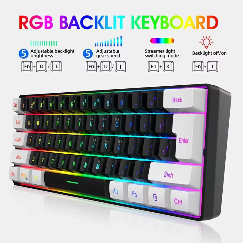 HXSJ Mini-Tastatur- und Mausset mit 61 Tasten, 60 % Layout, USB-Anschluss, zweifarbige spritgegossene Tastenkappen und farbige optische Maus mit Hintergrundbeleuchtung, Schwarz/Mehrfarbig - Bild 2