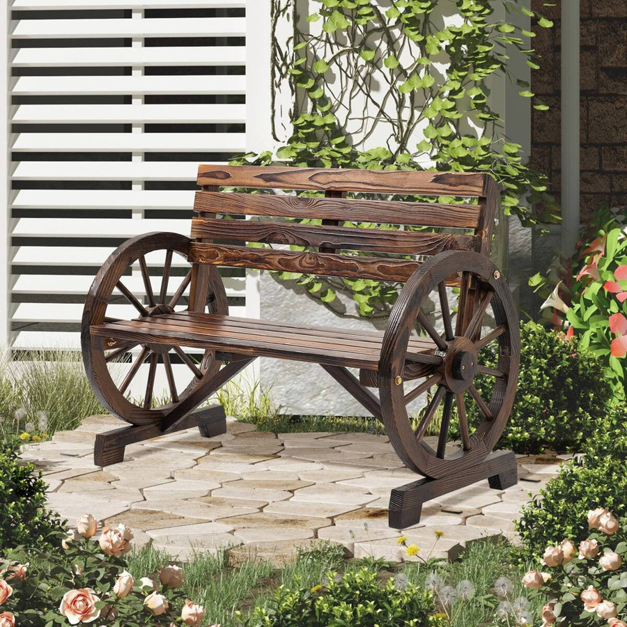 Outsunny Gartenbank 2-Sitzer aus Tannenholz im Landhausstil mit Wagenrad-Armlehnen, Braun, B/T/H: 105,5 x 56 x 79 cm - Bild 6