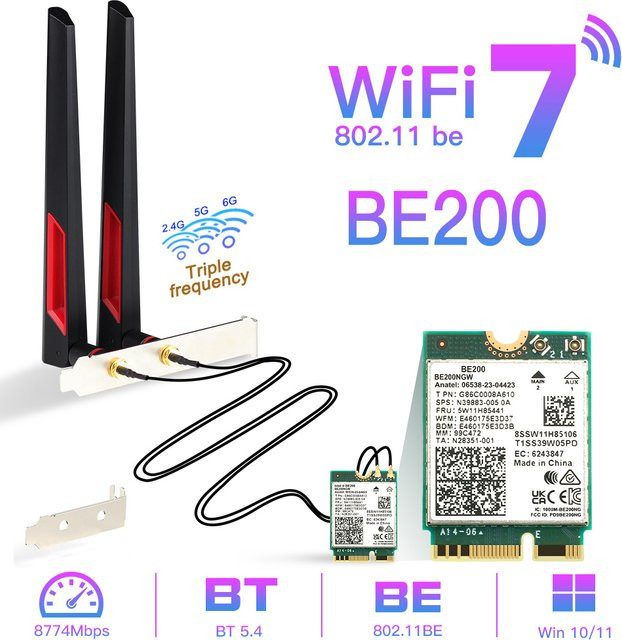 Fenvi BE200 WiFi 7 Netzwerkkarte mit Bluetooth 5.4, NGFF Adapter für Win10/11 PC, unterstützt 2,4G/5G/6GHz und 802.11AX - Bild 1