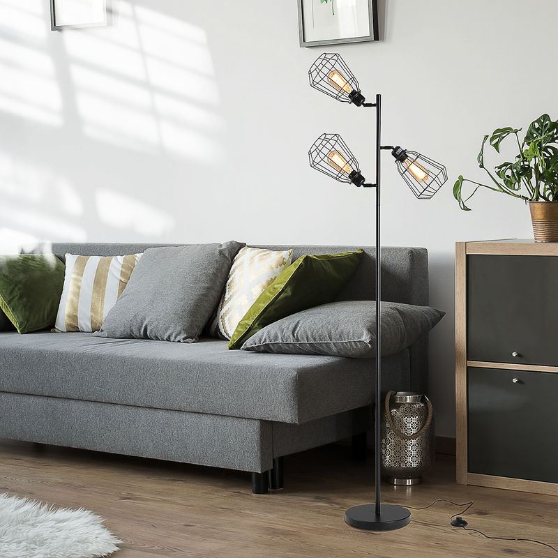 HOMCOM Industrielle Stehlampe im Retro-Design mit 3 Käfiglampenschirmen für E27 Glühbirnen, Schwarz - Bild 2