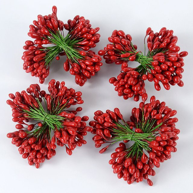 25 Stück rote Doppelköpfige Mini-Blumenstaubblätter aus Kunststoff für DIY-Bastelarbeiten, Hochzeitsdekoration und Scrapbooking - Bild 1