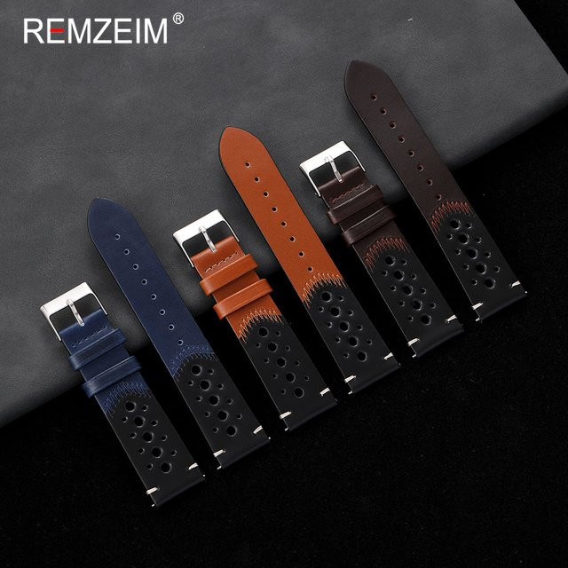 REMZEIM Uhrenarmband Leder, Genäht, Ölgewachstes Kalbsleder, 20mm 22mm - Bild 1