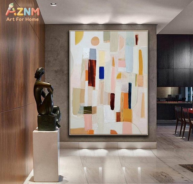 AZNM Abstrakte geometrische Formen Leinwand-Wandkunst im minimalistischen Ölgemälde-Stil mit Pastellfarben in Mehrfarbig - Bild 1