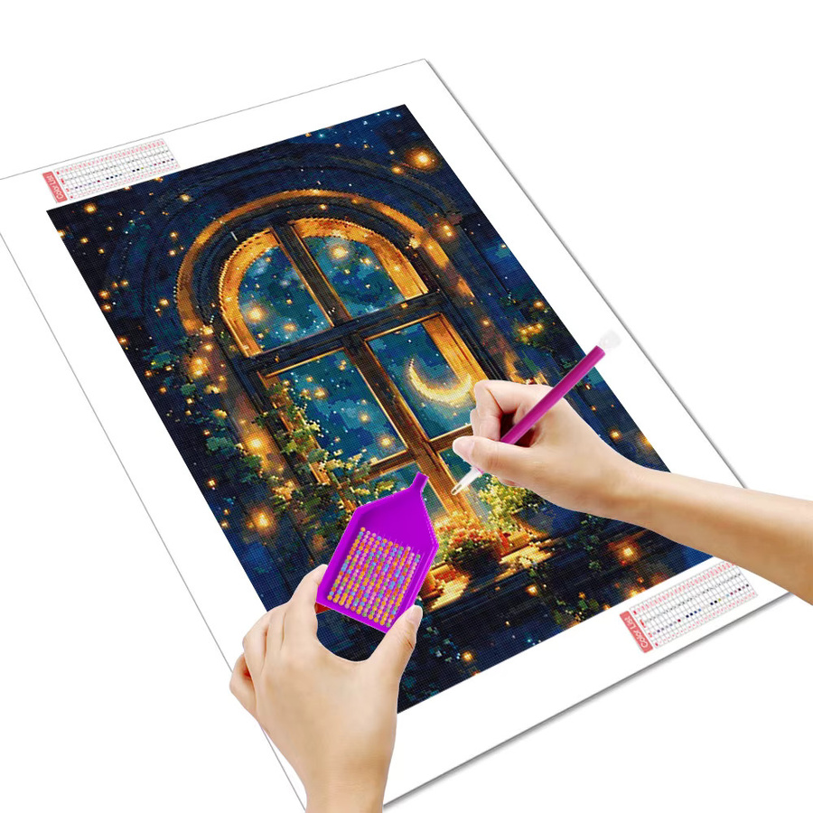 Huacan 5D-Diamantgemälde zum Selbermachen mit Mond, Fenster und Blumen in Multicolour, B/H: 30 x 20 cm - Bild 2