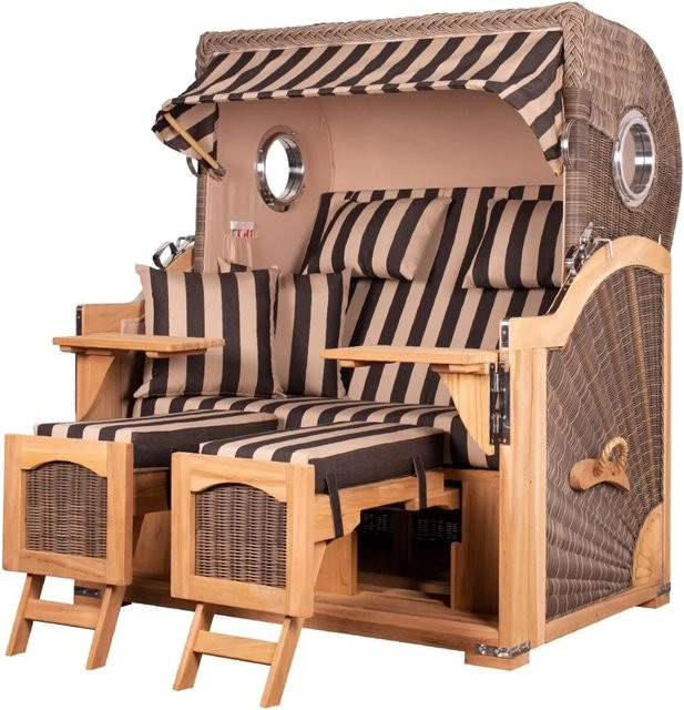 bene,iving Strandkorb Komplettset Ammersee Grande XL Teak Bullauge PE Grau Modell 581 mit Liftersystem, Schutzhülle, Doppelrollen und Glasbecherhalter - Bild 1