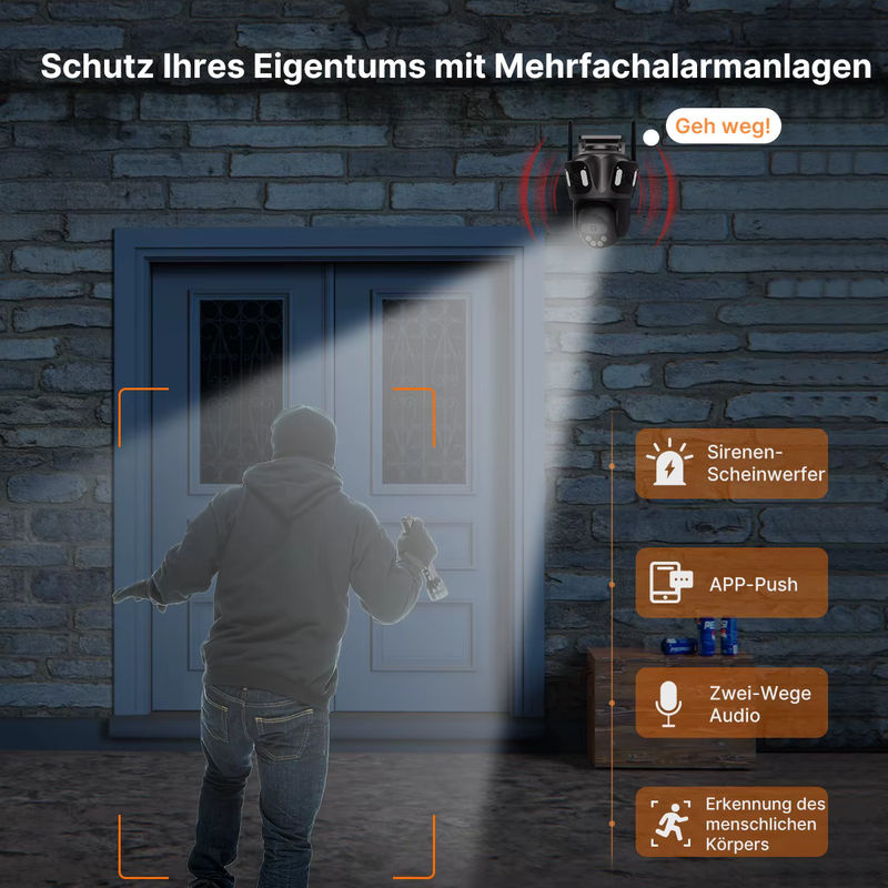 WONSDAR WIFI IP-Kamera mit 3-Linsen und 3-Bildschirm, PTZ-Überwachungskamera mit Menschenerkennung, IP66 wasserdicht, Schwarz - Bild 6