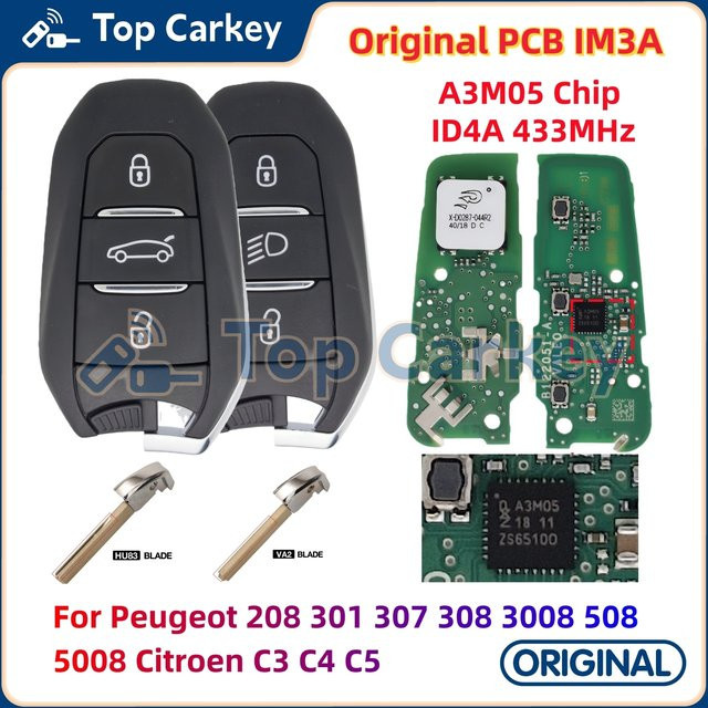 TopCarkey Original PCB Smart Remote Key IM3A A3M05 mit ID4A Chip 433 MHz in Schwarz für Peugeot und Citroen - Bild 1