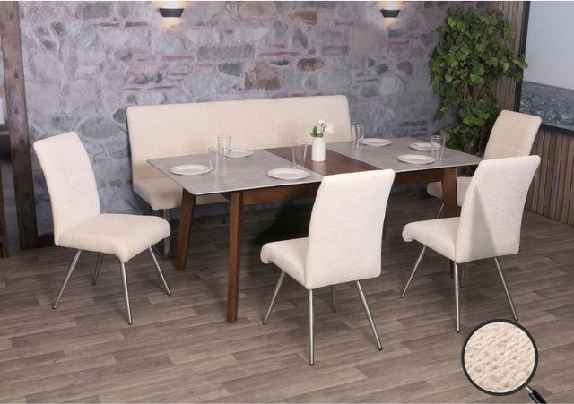 Esszimmer-Set MCW-G55 mit 4 Stühlen und einer 180 cm langen Sitzbank aus Chenille-Stoff in Creme und Beige mit gebürstetem Edelstahl - Bild 1