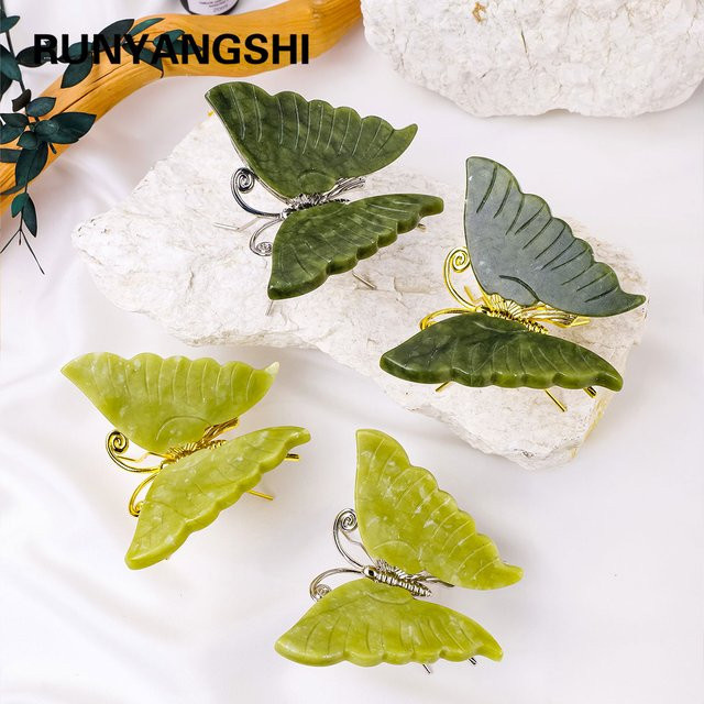 Runyangshi Schmetterling Statue aus natürlicher grüner Jade als dekorative Skulptur für den Tisch - Bild 1