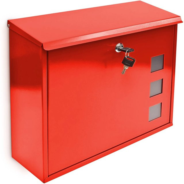 Relaxdays Briefkasten aus Metall in Rot mit 3 Fenstern und Abschließfunktion, B/T/H: 34,5 x 33 x 10,5 cm - Bild 1