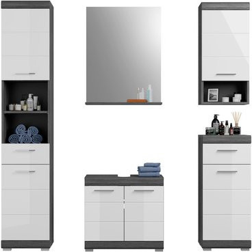 xonox.home Badmöbel-Set Scout 5-teilig in Eiche Rauchsilber und Weiß Hochglanz B/H/T: 164 x 191 x 34 cm - Bild 4