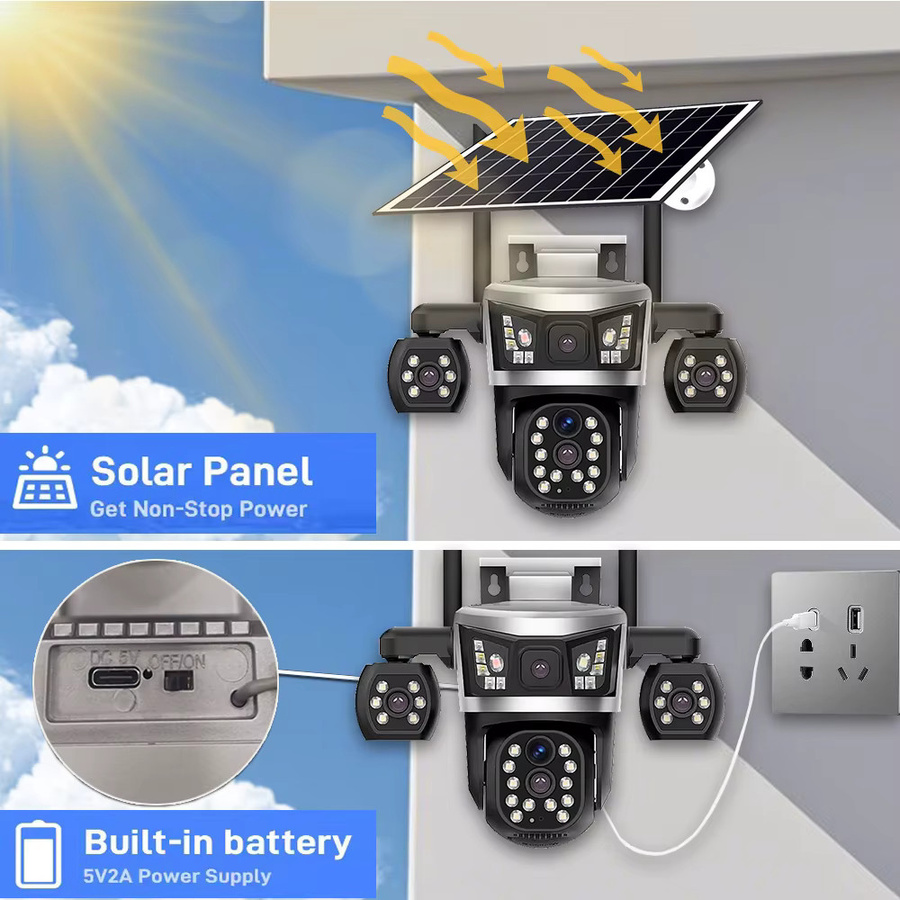 AOV Solarbetriebene 16MP 4G Kamera mit 4 Objektiven und CCTV-Monitor, Wasserdicht, Akku, 24-Stunden-Aufnahme, V380 - Bild 2