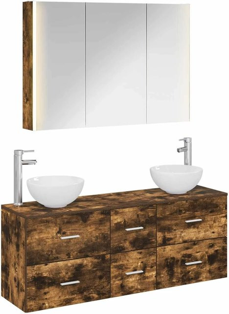 vidaXL Badezimmermöbel-Set 4-teilig in Geräucherte Eiche, modern mit Spiegelschrank, Wandschrank und Waschtischunterschrank, Braun - Bild 1