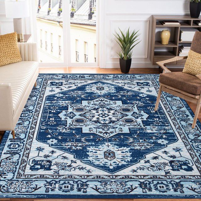 Maschinenwaschbarer Teppich TWISTER.CK im Vintage-Stil mit niedrigem Flor, Blau, rutschfest für Innenbereich und Eingangsbereich - Bild 1