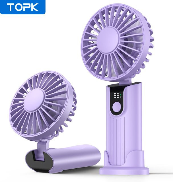 TOPK K38 Tragbarer Handventilator mit 5000 mAh Akku und Digitalanzeige, 3-in-1 Multifunktions-Halsventilator und klappbarer Schreibtischventilator, Pink oder Purple - Bild 1