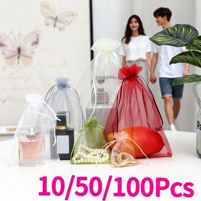 Weiße Organza Geschenkbeutel mit Kordelzug für Schmuck und Hochzeiten - Bild 1